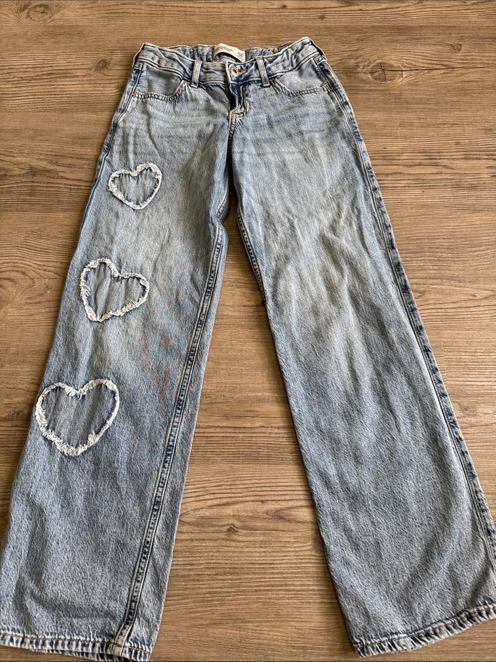 abercrombie kids Light Blue Wide-Leg Jeans with Frayed Heart Appliqués